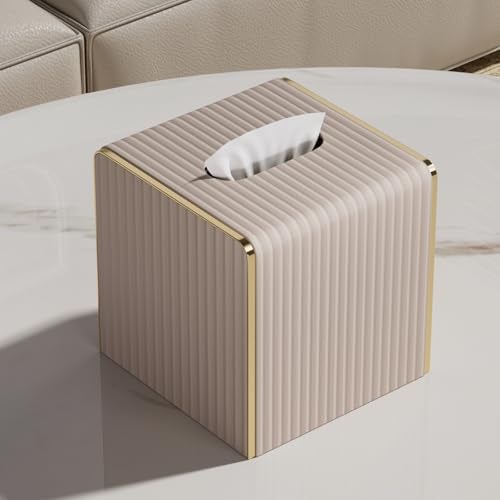 LADSTAG Tissue Box Cover,Beige Cube Leather Tissue Box Holders with Gold-Tone Edging Accents,Decorative Tissue Covers for Bathroom Toilet Bedroom Living Room Table Desk Office Car,Decor Aesthetic - Image 2