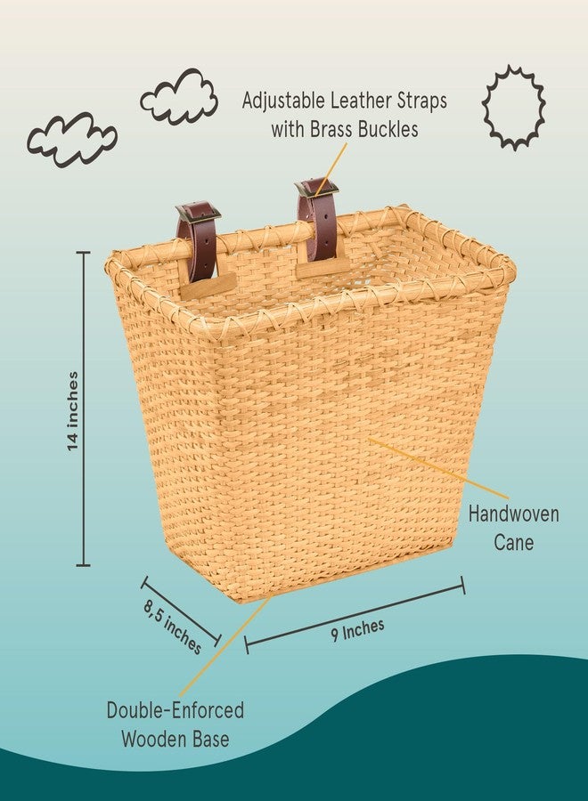 Retrospec Bicycles Cane Woven Rectangular Toto Basket with Authentic Leather Straps and Brass Buckles, Natural - Image 2