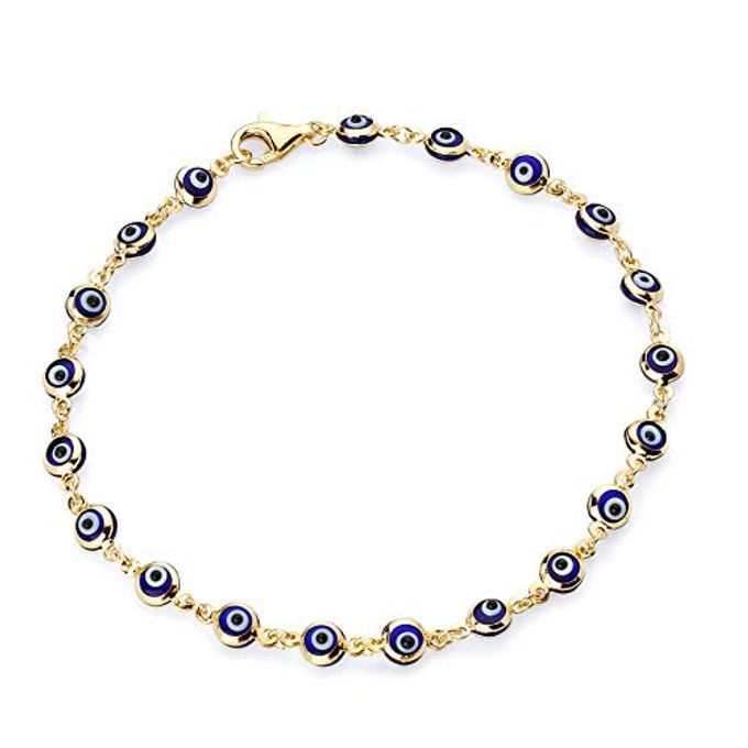 The World Jewelry Center 14K Real Yellow Gold Blue Evil Eye Bracelet 7" - Image 4