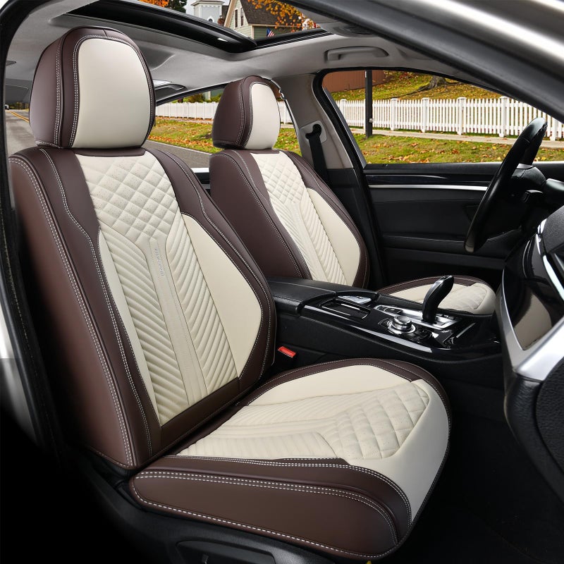 Coverado Front Seat Covers, 2 Pack Waterproof Seat Covers for Cars, Luxury Leather Seat Cushions, Front and Rear Seat Protectors, Auto Seat Covers Fit for Most Vehicles(Bronw&Beige) - Image 1