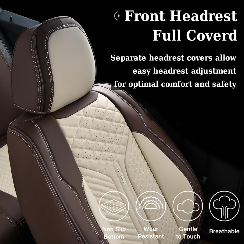 Coverado Front Seat Covers, 2 Pack Waterproof Seat Covers for Cars, Luxury Leather Seat Cushions, Front and Rear Seat Protectors, Auto Seat Covers Fit for Most Vehicles(Bronw&Beige) - Image 4