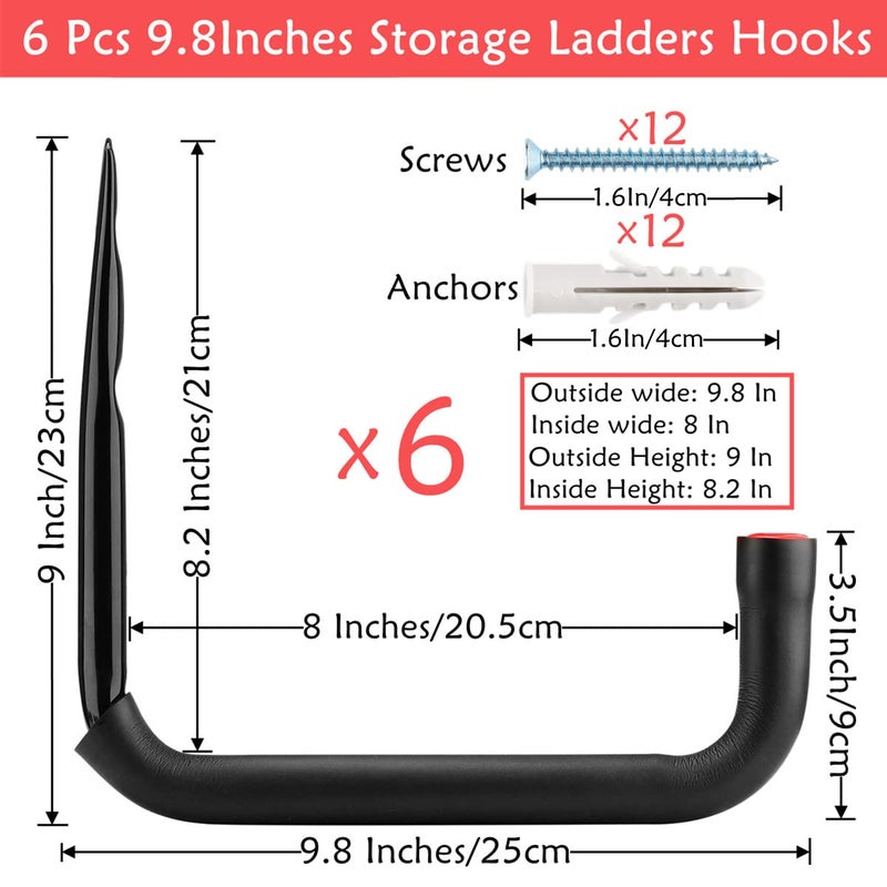 Naikozmo Garage Storage Ladders Hooks, 6 Pack Heavy Duty Utility Hanger, 9.8IN Wall Mount Rack Safely Holds 50 Pounds - Image 2