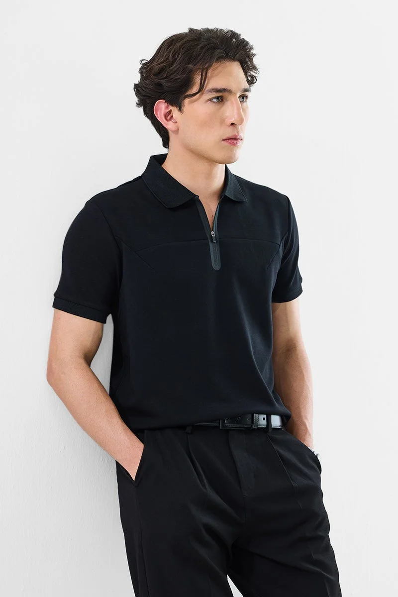 SNITCH Slim Fit Stretch Black Zipper Polo T-Shirt
