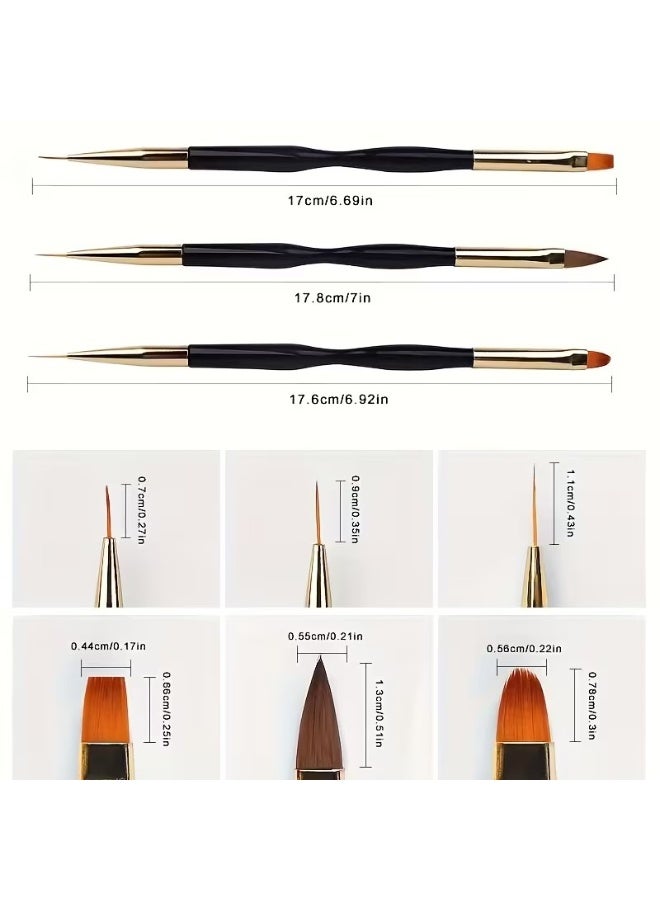 Rozino 3pcs Dual-End Nail Art Brush Set for Acrylic Painting & Design - Image 3