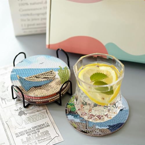 askkqtx 8 Pcs Beach Diamond Art Coasters Kits with Holder, Sea Diamond Painting Coasters Kits for Adults, DIY 5D Diamond Dots Small Mini Kit Full Drill Art Craft Supplies 4X4 Inch - Image 3
