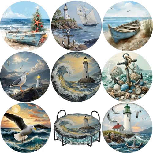 askkqtx 8 Pcs Beach Diamond Art Coasters Kits with Holder, Sea Diamond Painting Coasters Kits for Adults, DIY 5D Diamond Dots Small Mini Kit Full Drill Art Craft Supplies 4X4 Inch - Image 1