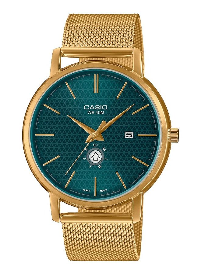 Casio Men Watch Analog Green Dial Stainless Steel Mesh Gold ion Plated Band and Case MTP-B125MG-3AVDF.