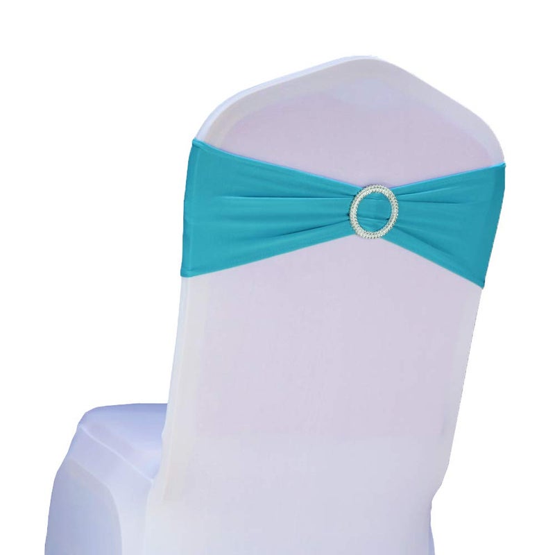 SINSSOWL Pack of 50 Spandex Turquoise Chair Sashes for Wedding Teal Chair Bows Sashes Chairs Bands Buckles Fitting Birthday Party Anniversary Events Ceremony Bridal Baby Shower Decorations  Turquoise - Image 1