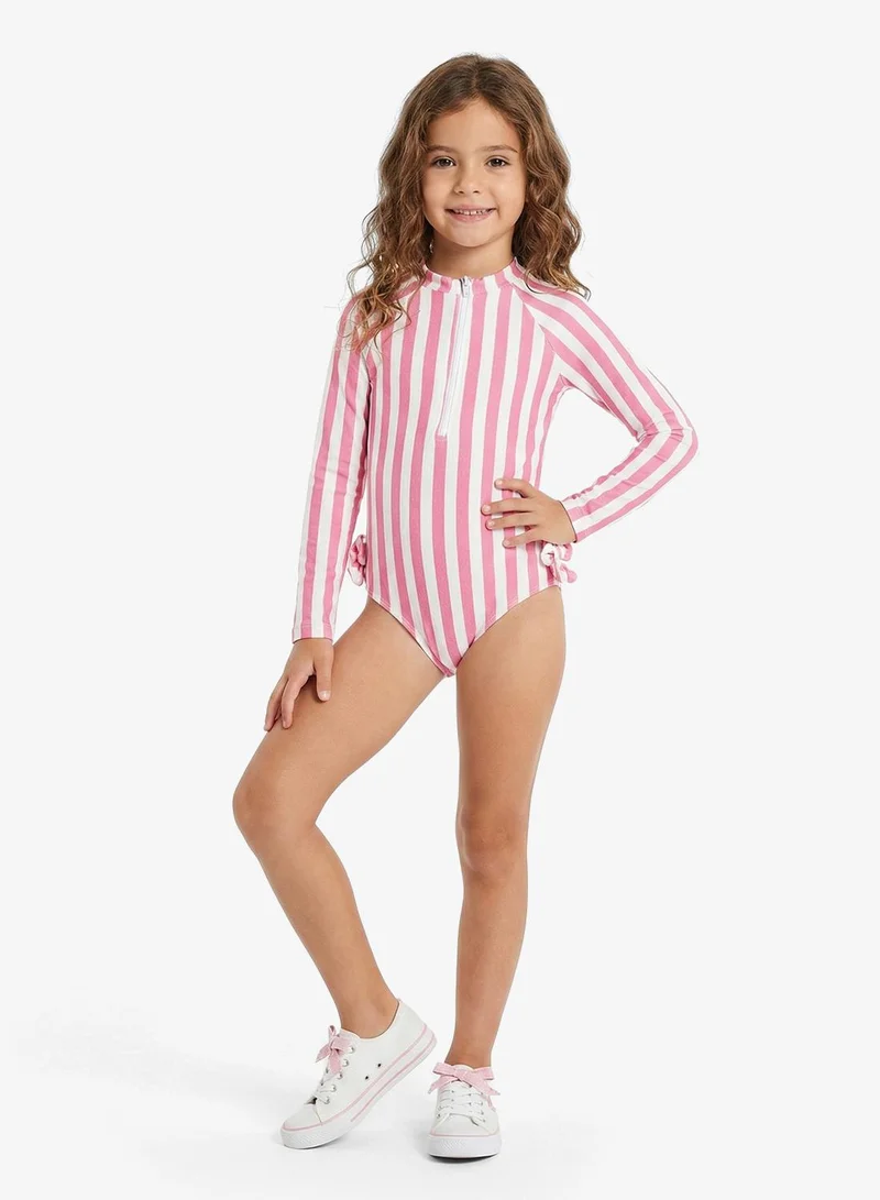 Pinata Long Sleeve Zip Through Pink Stripe Swimsuit