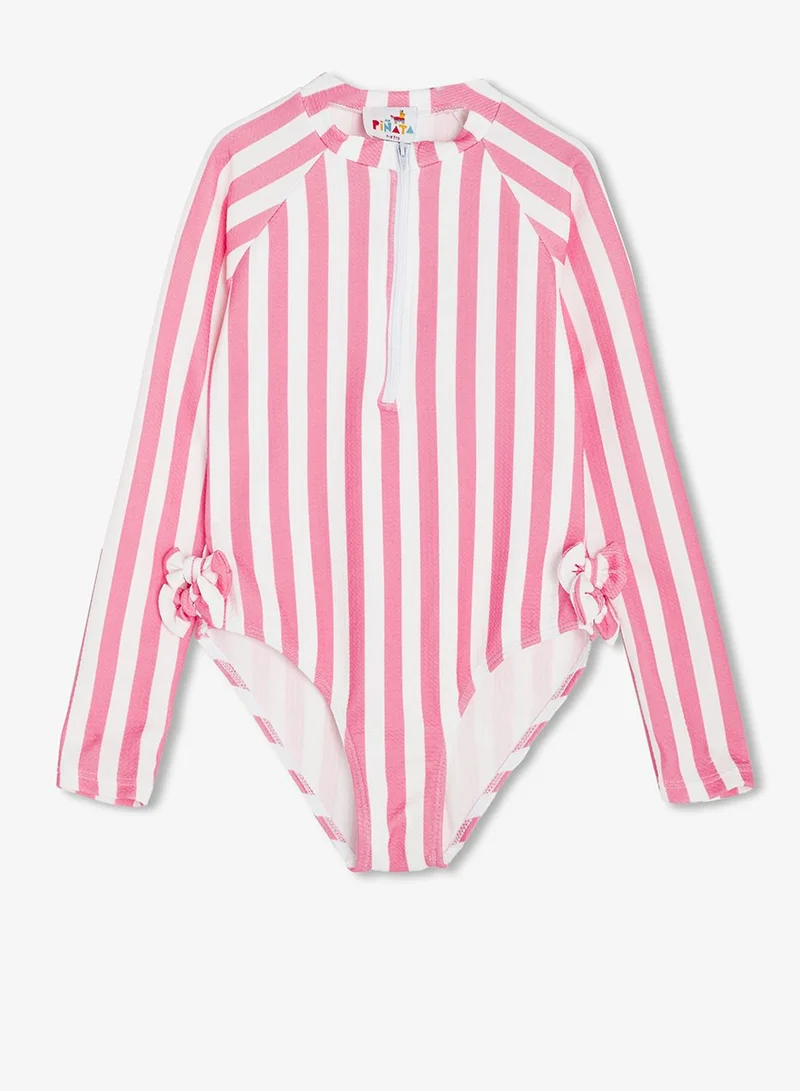 Pinata Long Sleeve Zip Through Pink Stripe Swimsuit