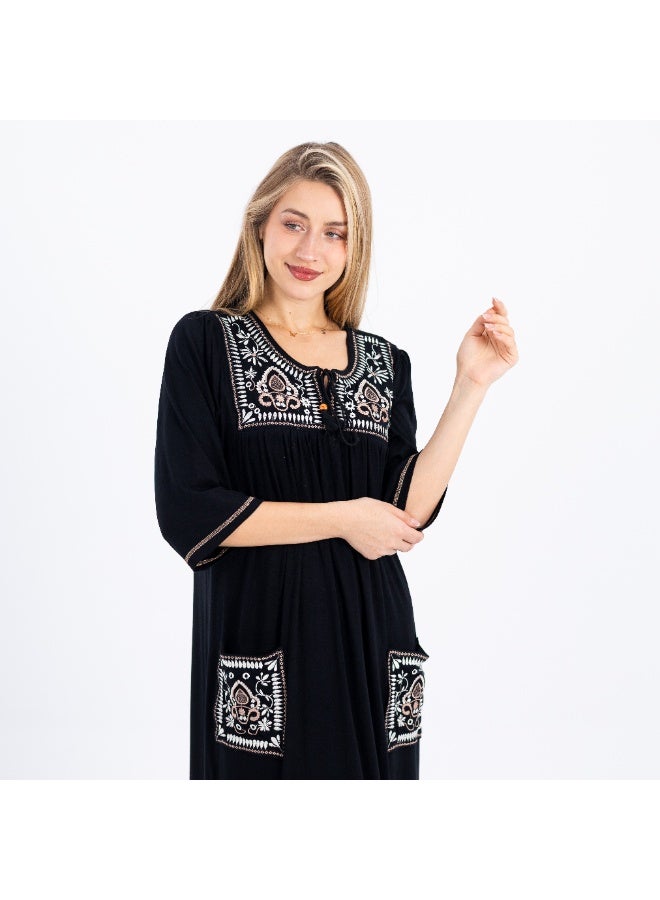 zecotex  Women's 100% Natural Cotton Mid-Length Nightgown - Black with Classic White Embroidery & Functional Pockets. - Image 2