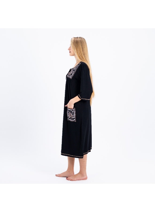 zecotex  Women's 100% Natural Cotton Mid-Length Nightgown - Black with Classic White Embroidery & Functional Pockets. - Image 3