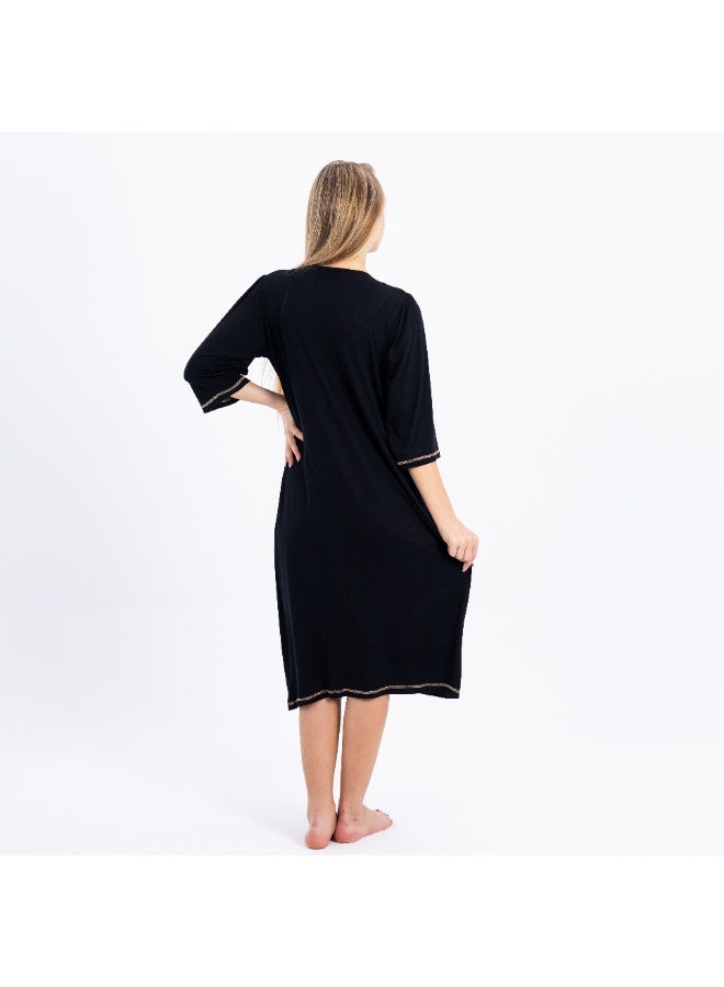 zecotex  Women's 100% Natural Cotton Mid-Length Nightgown - Black with Classic White Embroidery & Functional Pockets. - Image 4