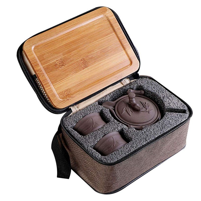 Yixing Purple Clay Travel Tea Set  Kungfu Teapot Teacups Wooden Tea Tray Portable Travel Bag