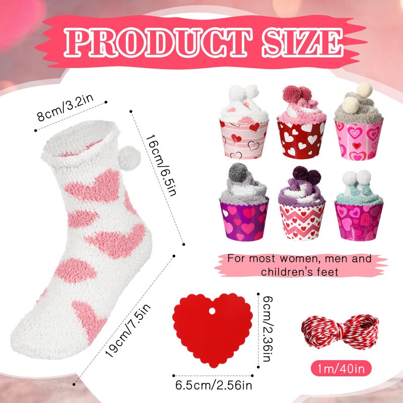 ShinyMatch 6 Pairs Valentine's Day Cupcake Socks Fuzzy Sock with Cupcake Card DIY Gift Slipper Stockings for Winter Women Men(Lovely) - Image 3