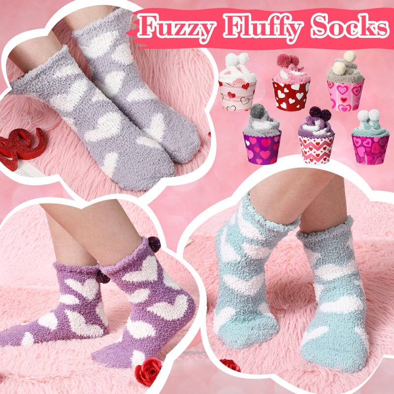 ShinyMatch 6 Pairs Valentine's Day Cupcake Socks Fuzzy Sock with Cupcake Card DIY Gift Slipper Stockings for Winter Women Men(Lovely) - Image 2
