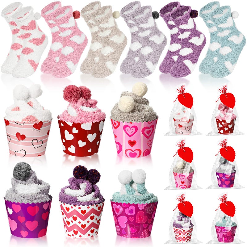 ShinyMatch 6 Pairs Valentine's Day Cupcake Socks Fuzzy Sock with Cupcake Card DIY Gift Slipper Stockings for Winter Women Men(Lovely) - Image 1
