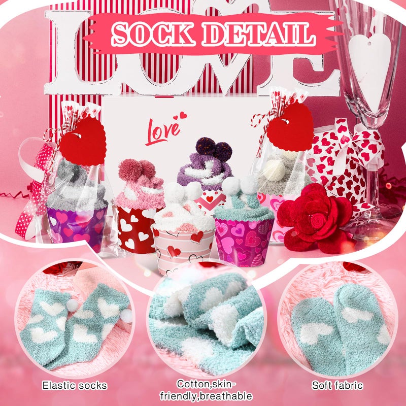 ShinyMatch 6 Pairs Valentine's Day Cupcake Socks Fuzzy Sock with Cupcake Card DIY Gift Slipper Stockings for Winter Women Men(Lovely) - Image 4
