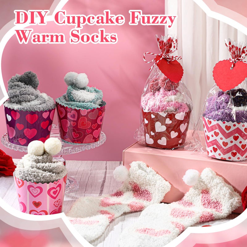 ShinyMatch 6 Pairs Valentine's Day Cupcake Socks Fuzzy Sock with Cupcake Card DIY Gift Slipper Stockings for Winter Women Men(Lovely) - Image 5