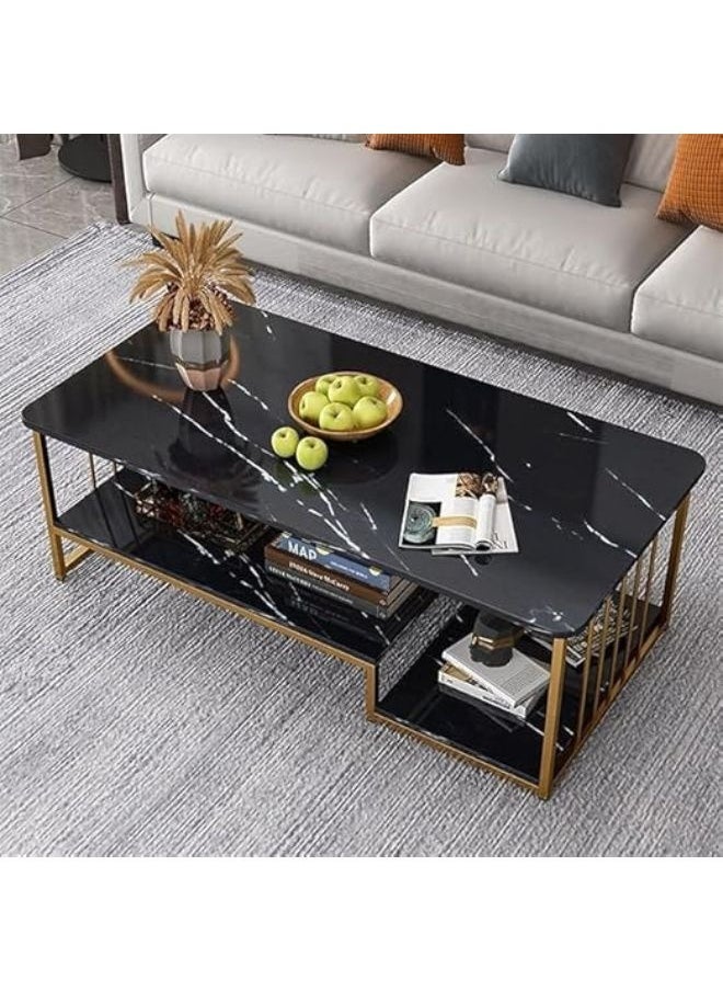 Harmony Home Harmony Home Rectangular Coffee Table with Storage, 60x120x42 cm – Black Marble Finish & Gold Metal Frame, Open Shelf Center Table for Living Room & Home Office  - Image 1