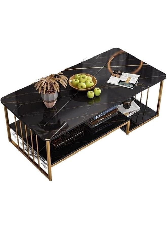 Harmony Home Harmony Home Rectangular Coffee Table with Storage, 60x120x42 cm – Black Marble Finish & Gold Metal Frame, Open Shelf Center Table for Living Room & Home Office  - Image 2