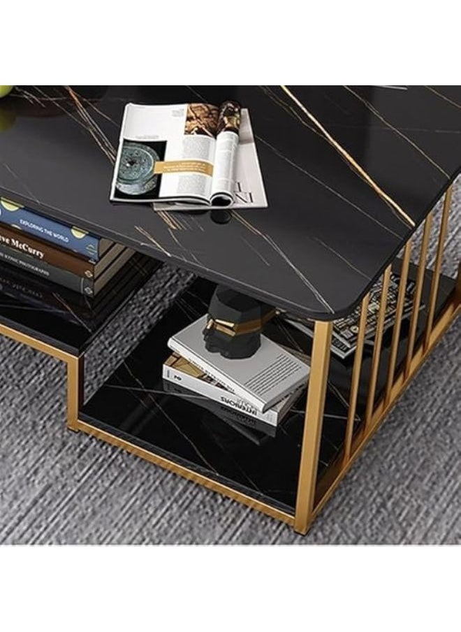 Harmony Home Harmony Home Rectangular Coffee Table with Storage, 60x120x42 cm – Black Marble Finish & Gold Metal Frame, Open Shelf Center Table for Living Room & Home Office  - Image 3