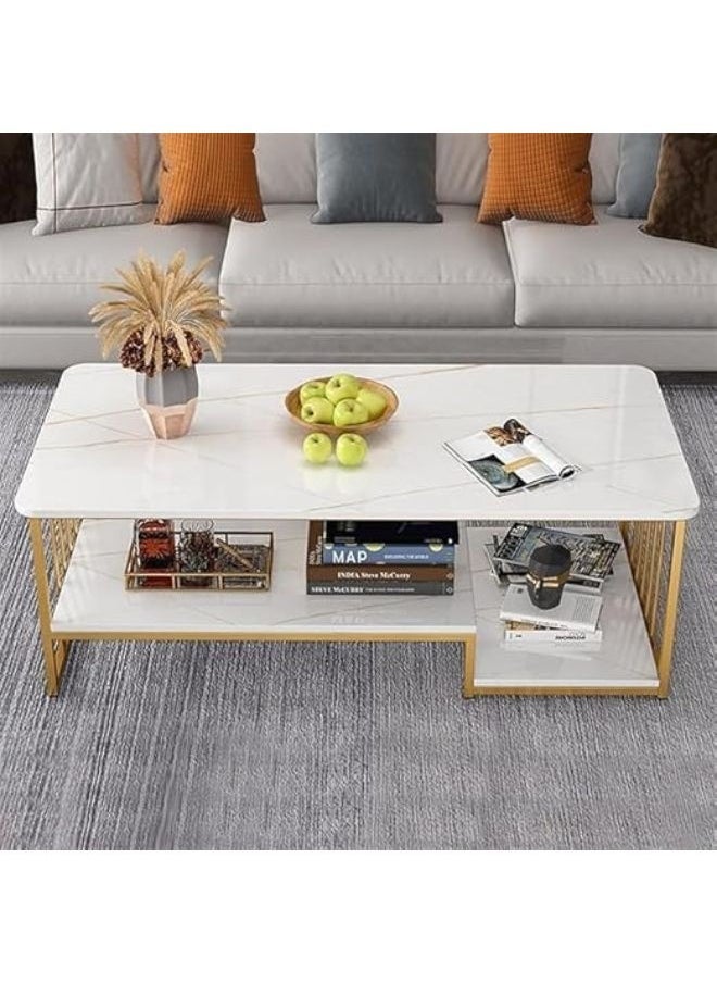 Harmony Home Harmony Home Rectangular Coffee Table with Storage, 60x120x42 cm – Black Marble Finish & Gold Metal Frame, Open Shelf Center Table for Living Room & Home Office  - Image 4