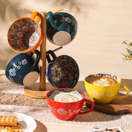 TAUFIKT Coffee Mug Set of 6, 15 oz Boho Coffee Mug Ceramic with Handle, Porcelain Tea Cups Set, 6 Pcs Coffee Cups for Cappuccino and Latte, Microwave & Dishwasher Safe, Ideal Gift for Family/Friend - Image 2