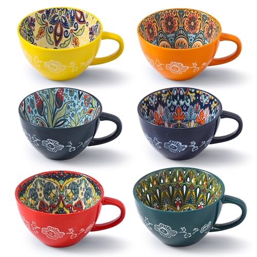 TAUFIKT Coffee Mug Set of 6, 15 oz Boho Coffee Mug Ceramic with Handle, Porcelain Tea Cups Set, 6 Pcs Coffee Cups for Cappuccino and Latte, Microwave & Dishwasher Safe, Ideal Gift for Family/Friend - Image 1
