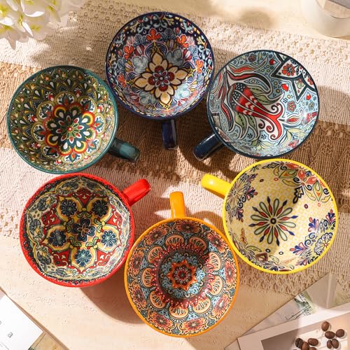 TAUFIKT Coffee Mug Set of 6, 15 oz Boho Coffee Mug Ceramic with Handle, Porcelain Tea Cups Set, 6 Pcs Coffee Cups for Cappuccino and Latte, Microwave & Dishwasher Safe, Ideal Gift for Family/Friend - Image 5
