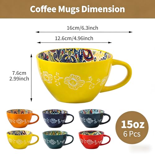 TAUFIKT Coffee Mug Set of 6, 15 oz Boho Coffee Mug Ceramic with Handle, Porcelain Tea Cups Set, 6 Pcs Coffee Cups for Cappuccino and Latte, Microwave & Dishwasher Safe, Ideal Gift for Family/Friend - Image 3