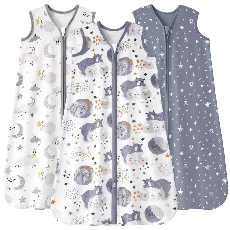FIEMOL Baby Sleep Sack 6-12 months, 100% Cotton Sleeping Sack for Newborn and Infant, 3 Pack Baby Wearable Blanket for Boy and Girl, 0.5 Tog Lightweight Double Zipper Sleep Bag Grey Moon Bear - Image 1