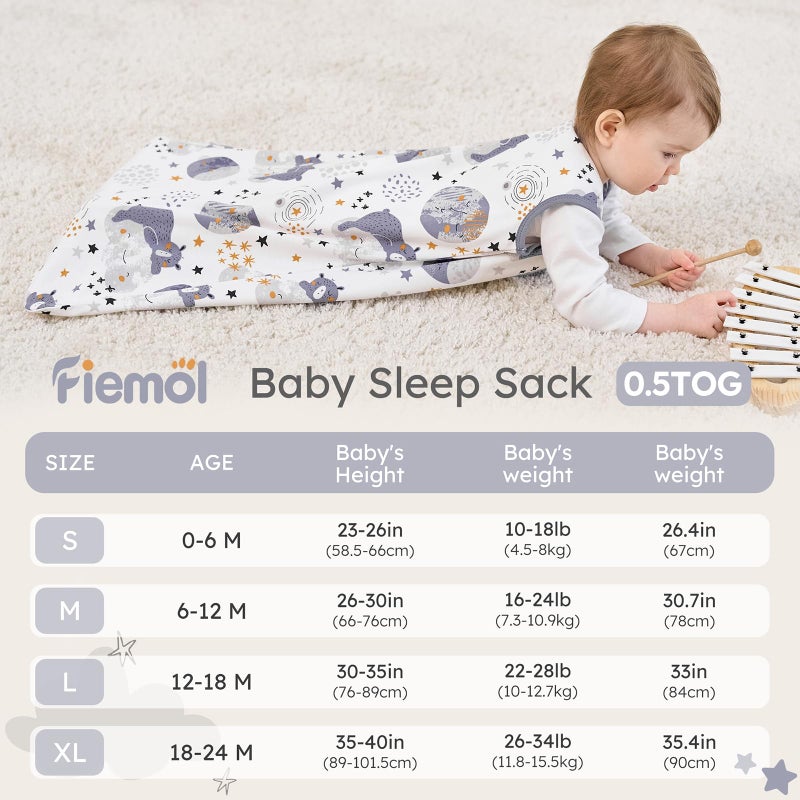 FIEMOL Baby Sleep Sack 6-12 months, 100% Cotton Sleeping Sack for Newborn and Infant, 3 Pack Baby Wearable Blanket for Boy and Girl, 0.5 Tog Lightweight Double Zipper Sleep Bag Grey Moon Bear - Image 4