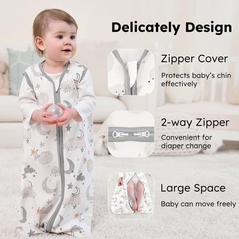 FIEMOL Baby Sleep Sack 6-12 months, 100% Cotton Sleeping Sack for Newborn and Infant, 3 Pack Baby Wearable Blanket for Boy and Girl, 0.5 Tog Lightweight Double Zipper Sleep Bag Grey Moon Bear - Image 3