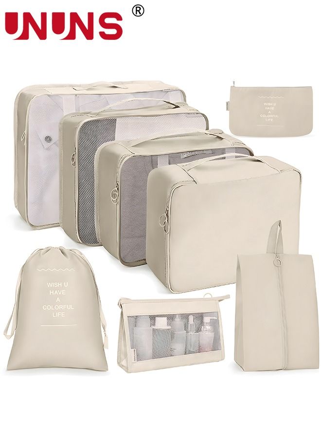UNUNS Packing Cubes,8 Pack Travel Luggage Organizers Storage Bags For Travel,Various Sizes Packing Cubes For Suitcases,Travel Accessories Essentials,Light Travel Cubes For Carry On Suitcases,Beige - Image 1