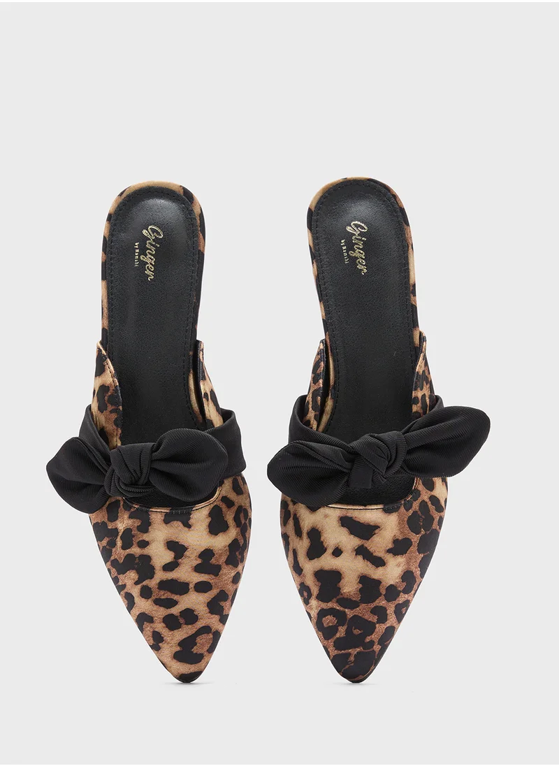 Ginger Bow Detail Pointy Leopard Print  Slip On Shoe