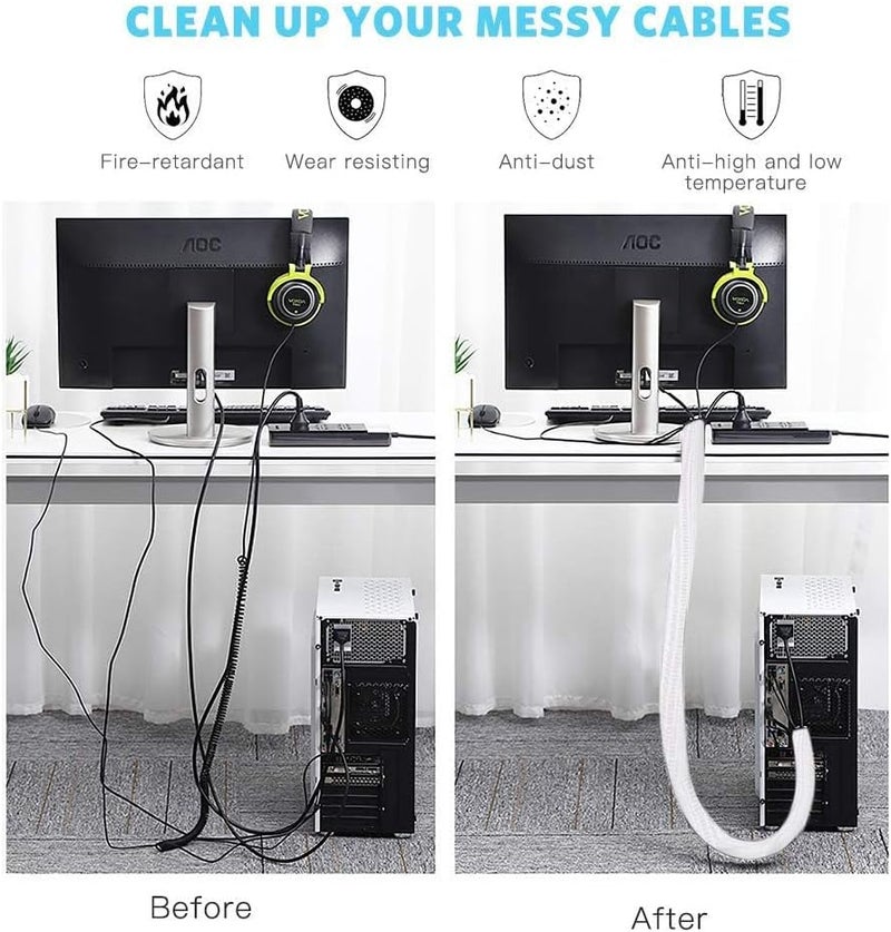 AGPTEK Adjustable 6.5ft/2m Braided Cable Sleeve, Wire Management Sleeve Hider for TV Desk PC Cable Wraps with Flame Retardancy Wires Organizer and Protector (White) - Image 4