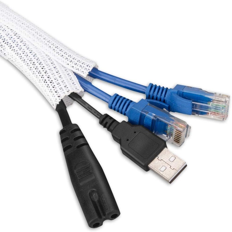 AGPTEK Adjustable 6.5ft/2m Braided Cable Sleeve, Wire Management Sleeve Hider for TV Desk PC Cable Wraps with Flame Retardancy Wires Organizer and Protector (White) - Image 1