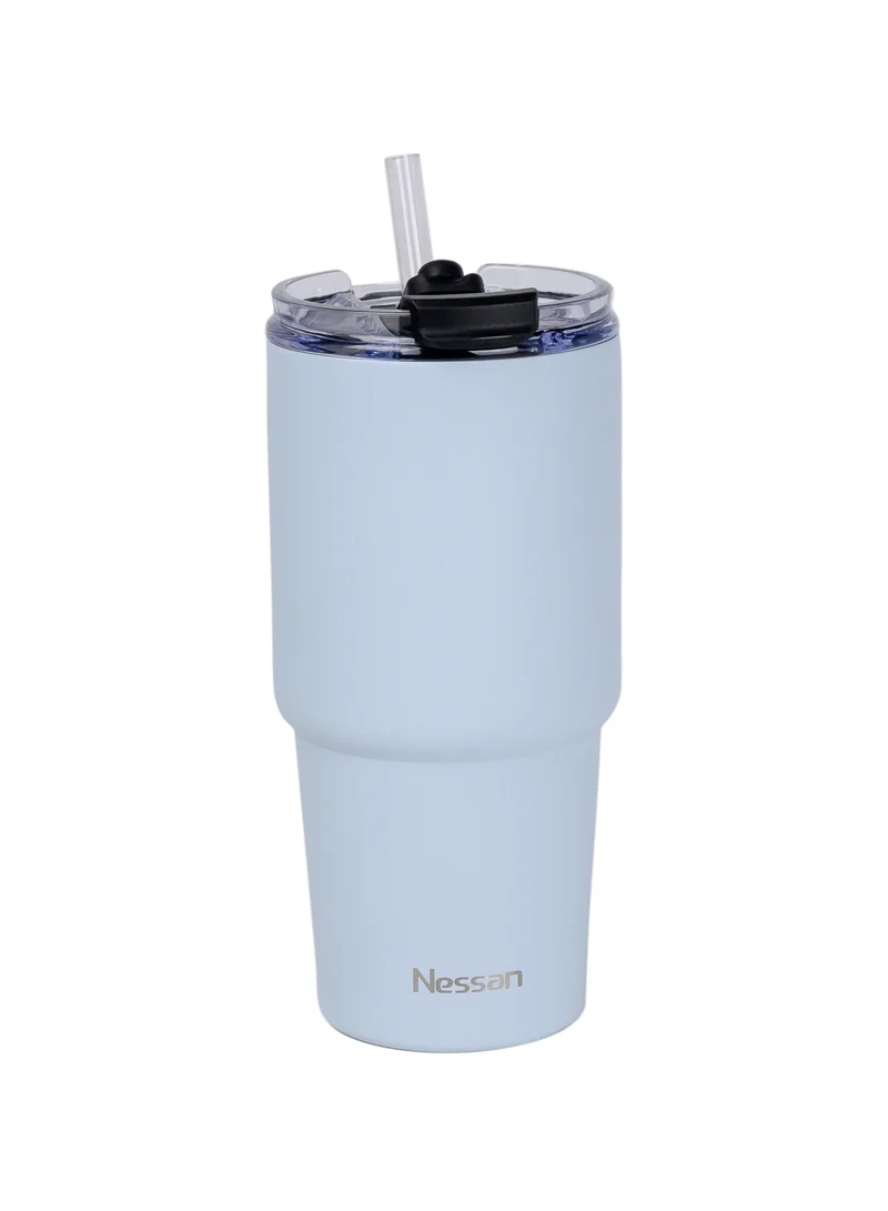 نيسان Nessan Double Wall Stainless Steel Vacuum Insulated Travel Mug Tumbler with Dual Function Lid and Straw for Water, Iced Tea or Hot Coffee, Smoothie and More (Blue, 480ml)