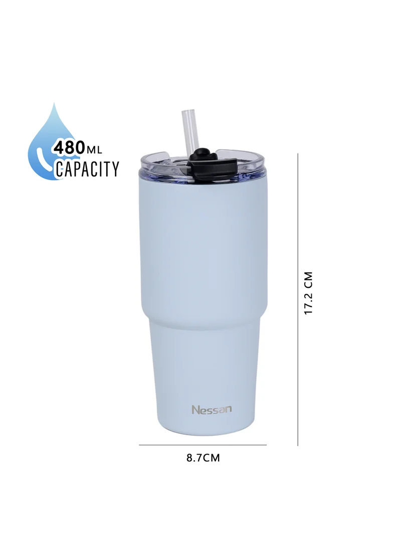 نيسان Nessan Double Wall Stainless Steel Vacuum Insulated Travel Mug Tumbler with Dual Function Lid and Straw for Water, Iced Tea or Hot Coffee, Smoothie and More (Blue, 480ml)
