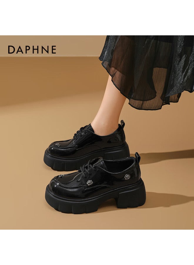 Daphne Rose Leather Loafers, Spring 2025 Loafers, Thick-soled High-end Heightening British Style Leather Shoes, Glossy Black, Size 38 - Image 1