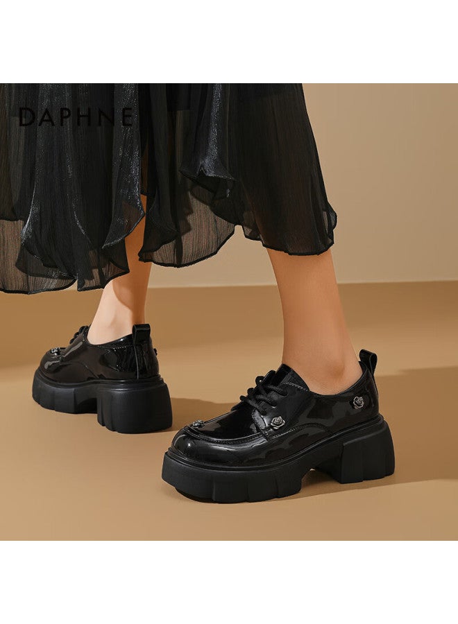 Daphne Rose Leather Loafers, Spring 2025 Loafers, Thick-soled High-end Heightening British Style Leather Shoes, Glossy Black, Size 38 - Image 2