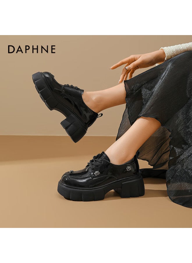 Daphne Rose Leather Loafers, Spring 2025 Loafers, Thick-soled High-end Heightening British Style Leather Shoes, Glossy Black, Size 38 - Image 5