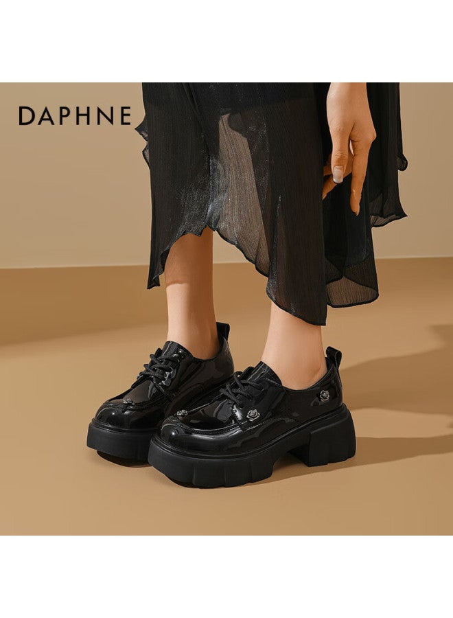 Daphne Rose Leather Loafers, Spring 2025 Loafers, Thick-soled High-end Heightening British Style Leather Shoes, Glossy Black, Size 38 - Image 3