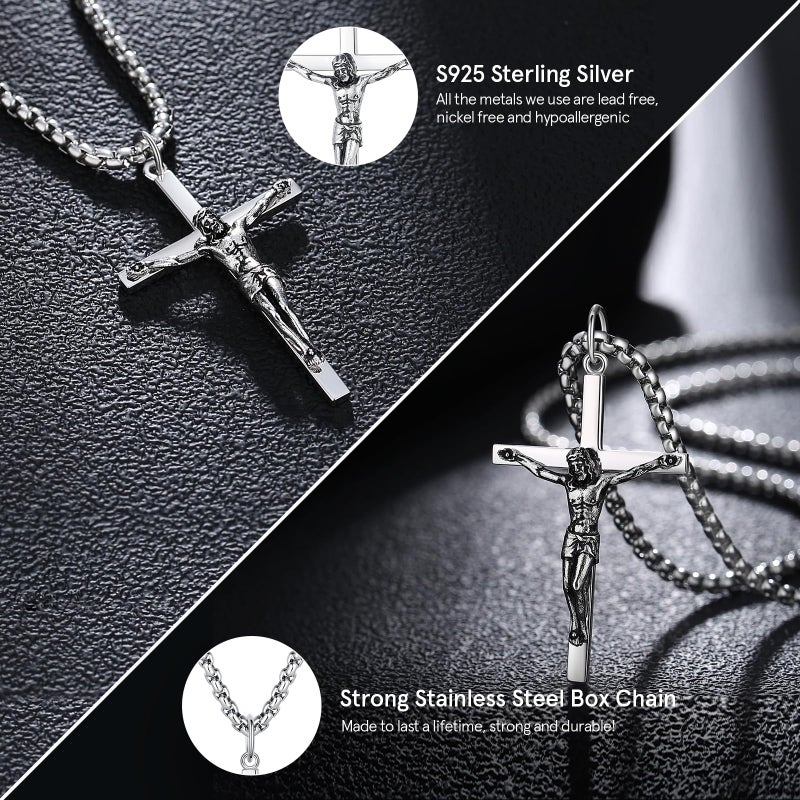 FANCIME Crucifix Cross Necklace Polished Crucifix Necklace Sterling Silver Fine Jewelry Gifts for Him Men Boys, Strong Stainless Steel Box Chain Length 24 Inch - Image 3