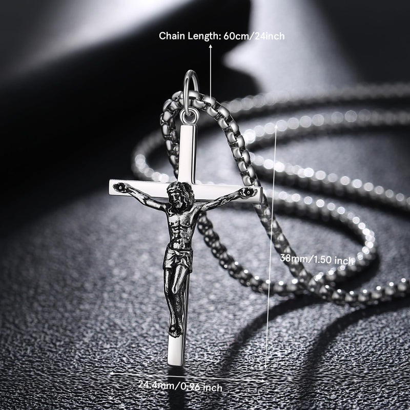 FANCIME Crucifix Cross Necklace Polished Crucifix Necklace Sterling Silver Fine Jewelry Gifts for Him Men Boys, Strong Stainless Steel Box Chain Length 24 Inch - Image 2