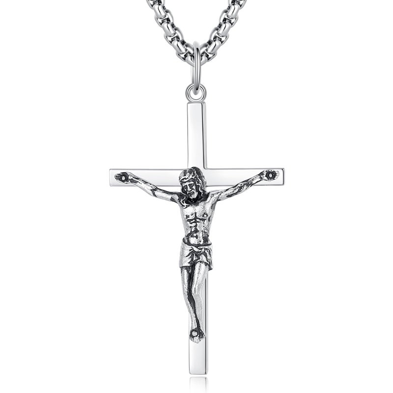 FANCIME Crucifix Cross Necklace Polished Crucifix Necklace Sterling Silver Fine Jewelry Gifts for Him Men Boys, Strong Stainless Steel Box Chain Length 24 Inch - Image 1