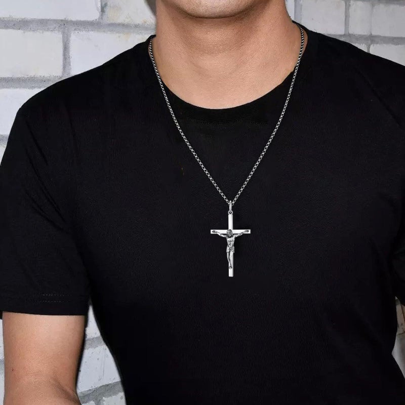 FANCIME Crucifix Cross Necklace Polished Crucifix Necklace Sterling Silver Fine Jewelry Gifts for Him Men Boys, Strong Stainless Steel Box Chain Length 24 Inch - Image 5