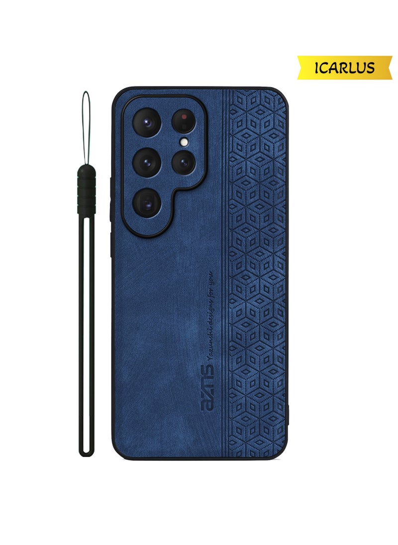ICARLUS For Samsung Galaxy S25 Ultra Anti-scratch Phone Case Imprinted Leather Coated TPU Cover - Blue  - Image 1