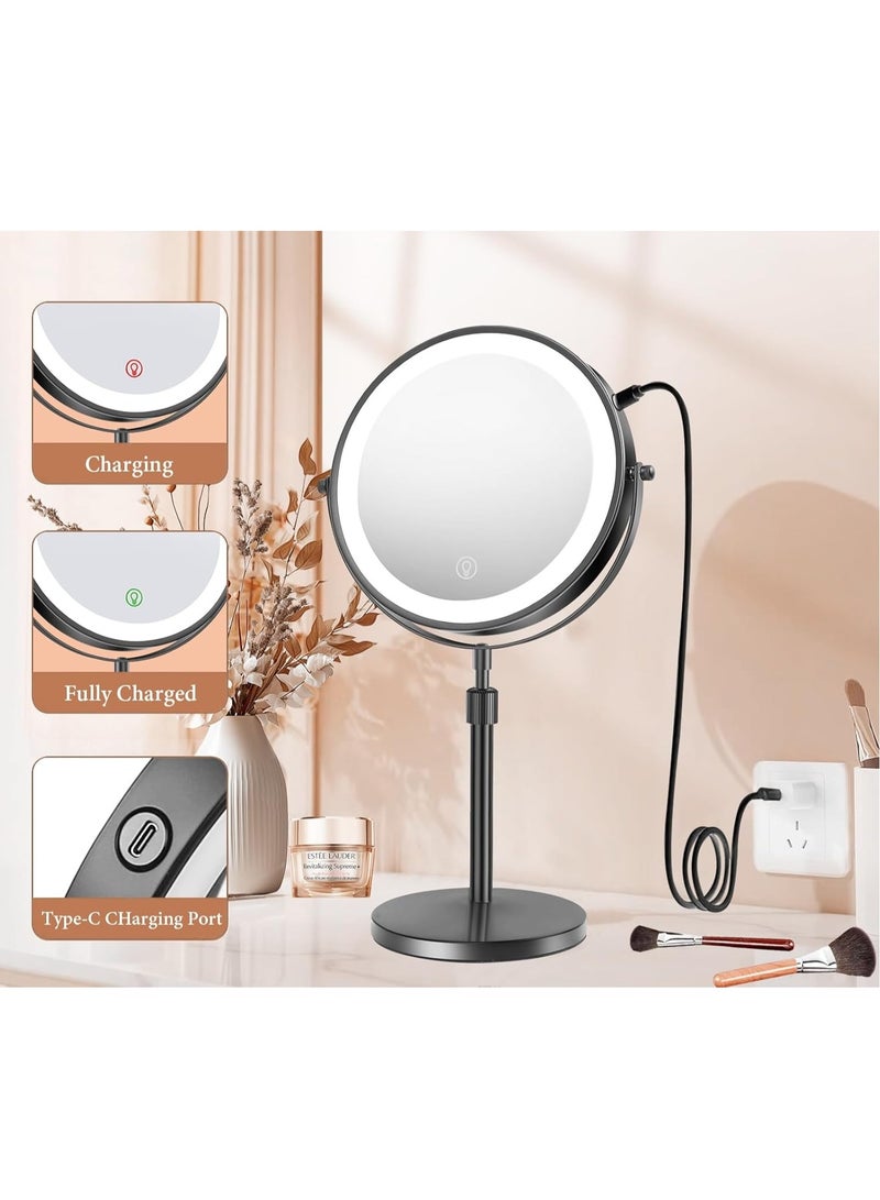 XiuWoo Rechargable LED Lighted Makeup Mirror Tabletop, 10X Magnifying Mirror with 3 Color Lights, Brightness Adjustable Height Adjustable, Double Sided Mirror in Black - Image 5